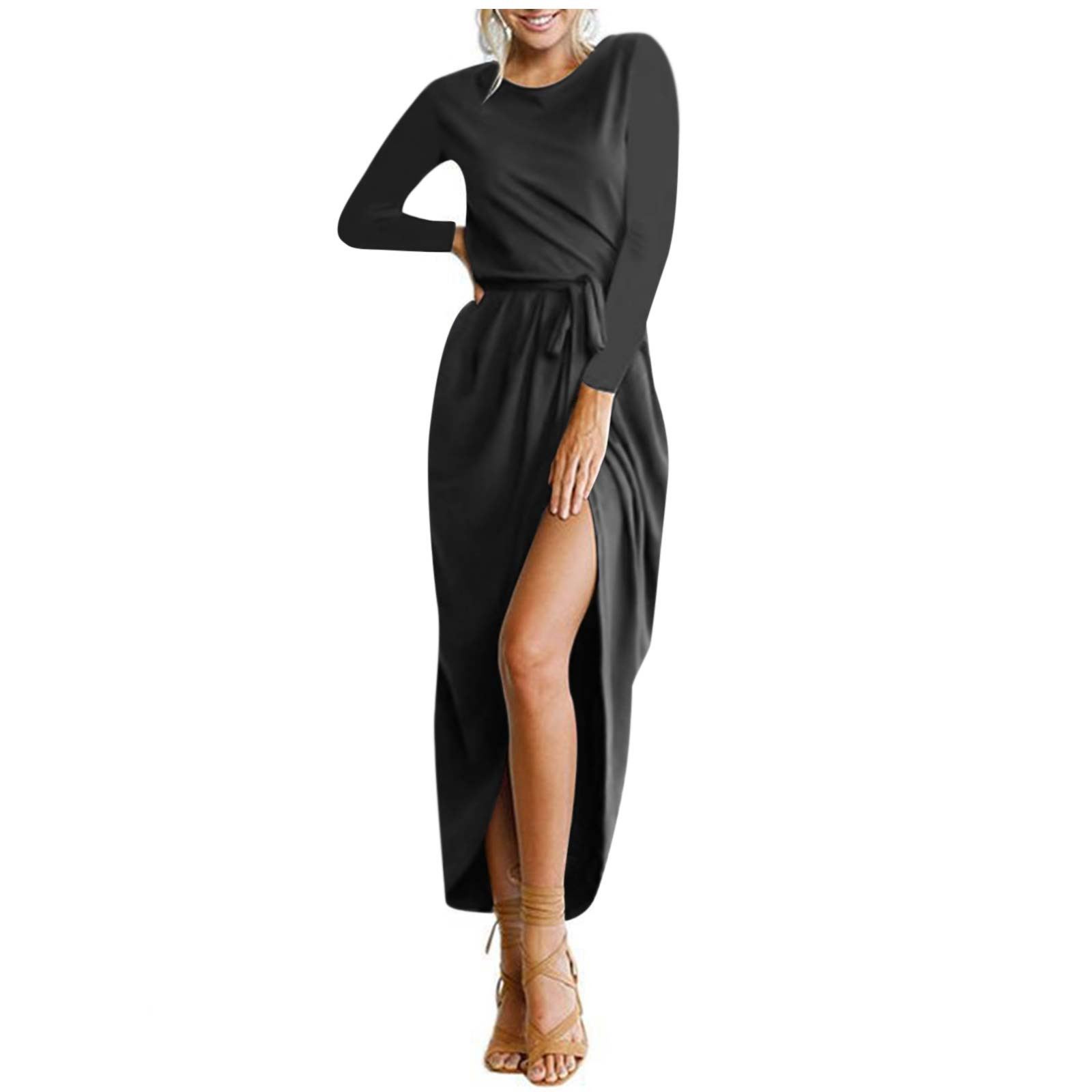 QUYUON Womens Special Occasion Dresses Clearance Round Neck High Waist Solid Color Casual Split Dress Women Midi Dresses Long Sleeve Midi Sun Dress Style D-11648 Black XL